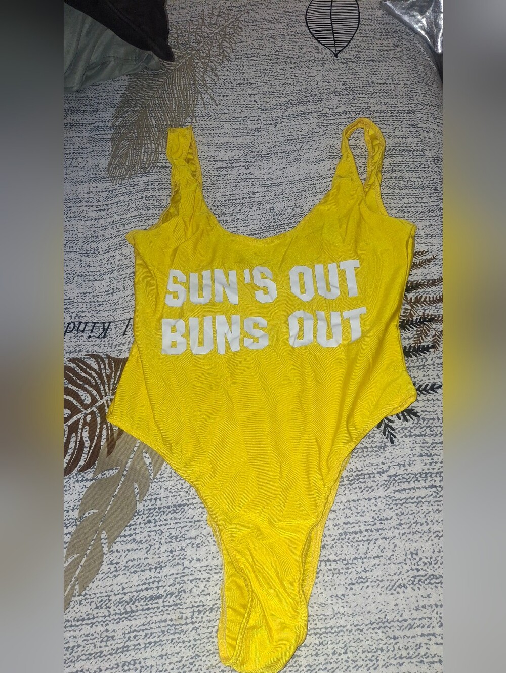 Yellow One Piece Swimsuit Sun's Out Buns Out Graphic Size M Beach Pool Fun